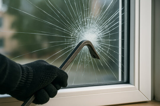 Intruder breaking window with crowbar in a dark setting