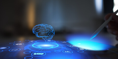Artificial Intelligence Brain Visualization Emerging from Digital Tablet Interface.
