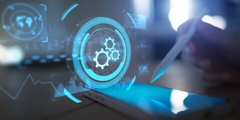 Mobile Process Automation and RPA System Optimization Tools Projected on Virtual Screen.