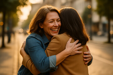 Two women sharing a joyful embrace in an urban setting