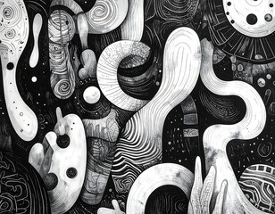 Abstract monochrome illustration. Fluid shapes, intricate details, and cosmic elements blend seamlessly
