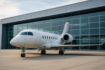 Obraz premium Modern private jet parked in front of a large hangar