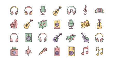 Obraz premium Collection of music related icons including headphones guitar microphone notes
