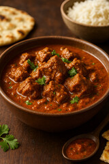 Delicious curry with tender meat served in a wooden bowl