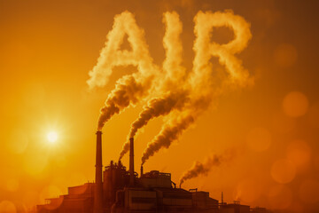 Fototapeta premium Industrial smokestacks emitting clouds spelling air at sunset
