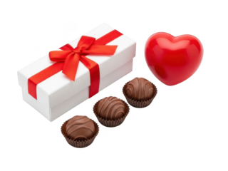 White gift box with red ribbon and chocolates with a red heart isolated on transparent background