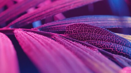 Vibrant palm leaves in neon pink, blue, and yellow hues against a dark background - Powered by Adobe