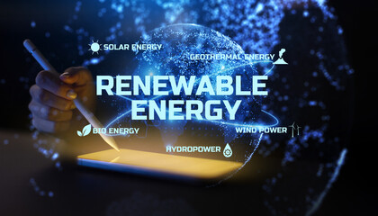 Renewable Energy and Sustainable Power Generation Illustrated on a Digital Interface.