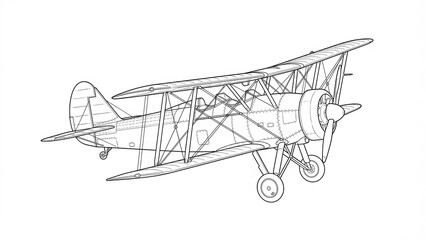 Outline Drawing Of A Biplane Aircraft From World War I With Detailed Structure Visible In Black And White Monochrome Illustration Against A Clean White