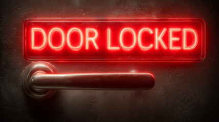 Obraz premium Bright red door locked sign with metallic handle close-up