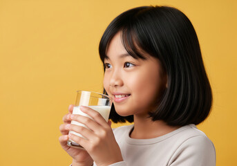 Happy Little Girl Drinking Milk for Healthy Growth