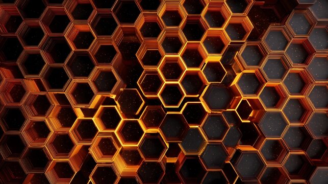 Abstract honeycomb pattern with glowing orange and black hexagonal cells, futuristic background, modern design element, vibrant texture, 3d effect - Powered by Adobe