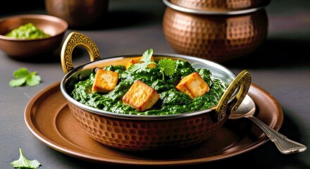 Medium Shot of Palak Paneer in Copper Karahi, Painterly Chiaroscuro Lighting