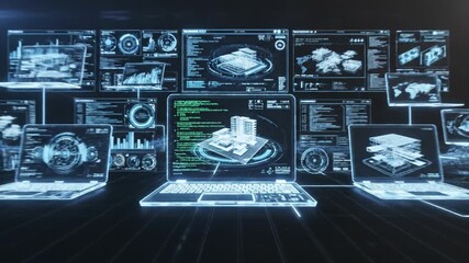 Futuristic laptop displaying 3D building model and code with multiple holographic architectural screens, digital interface and data visualization creating immersive design workflow network - Powered by Adobe