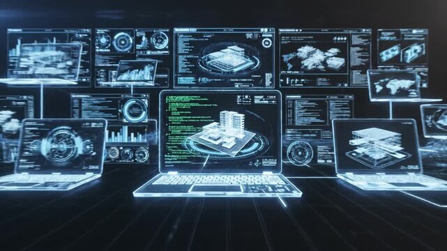 Futuristic laptop displaying 3D building model and code with multiple holographic architectural screens, digital interface and data visualization creating immersive design workflow network