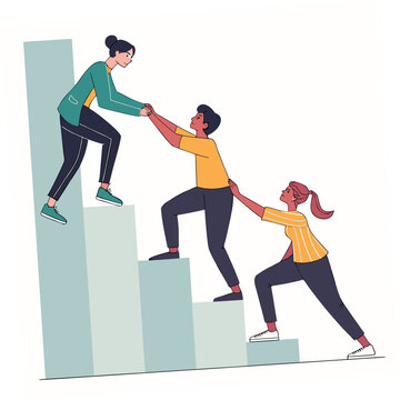A supportive team collaboratively ascending stairs representing growth and progress illustrating assistance and mutual encouragement in a business setting