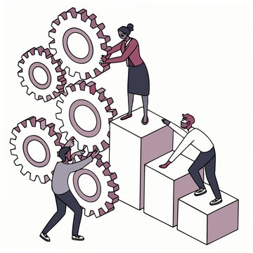 A collaborative team effort is showcased as individuals work together to align and connect large interlocking gears