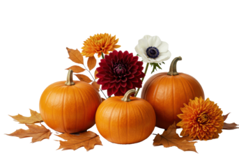 Three elegant pumpkins, dark red dahlia, white anemone, orange chrysanthemum, dried fall leaves on white background with soft studio lighting, ample copy space. Concept of sophisticated autumnal
