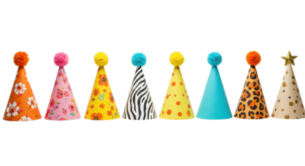 Seven vibrant cone party hats with diverse patterns, stars, and pom-poms, aligned on a transparent background with copy space, soft studio lighting, joyful birthday party atmosphere