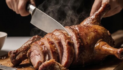 Chef expertly carving a freshly roasted duck with a sharp knife on a rustic wooden board.