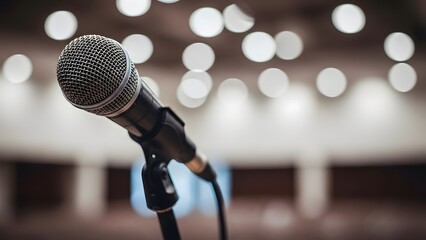 Close up of a professional microphone on stage with blurred background lights