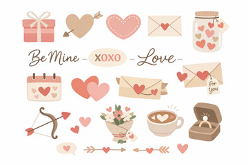 Minimalistic Flat Vector Icons for Valentine’s Day with Hearts and Gift Envelopes