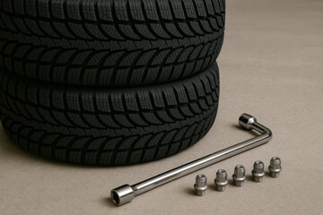 Two stacked car tires with lug wrench and bolts
