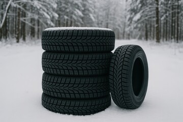 Stack of winter tires on snowy forest road