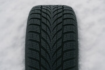 Winter tire tread close-up on snow background
