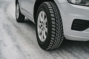 Car with snow-covered winter tire on icy road