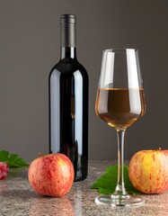Elegant still life composition featuring a dark wine bottle and a glass of ros&eacute; or white wine