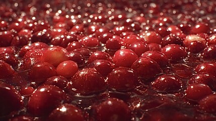 Glossy red cranberries floating in water form a vibrant close up pattern, showcasing fresh, ripe fruit texture and natural, healthy appeal for seasonal food and baking uses