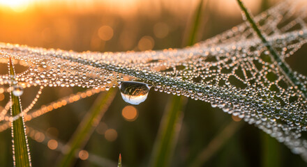 Morning Dew Drops on Spider Web with Golden Sunrise Light