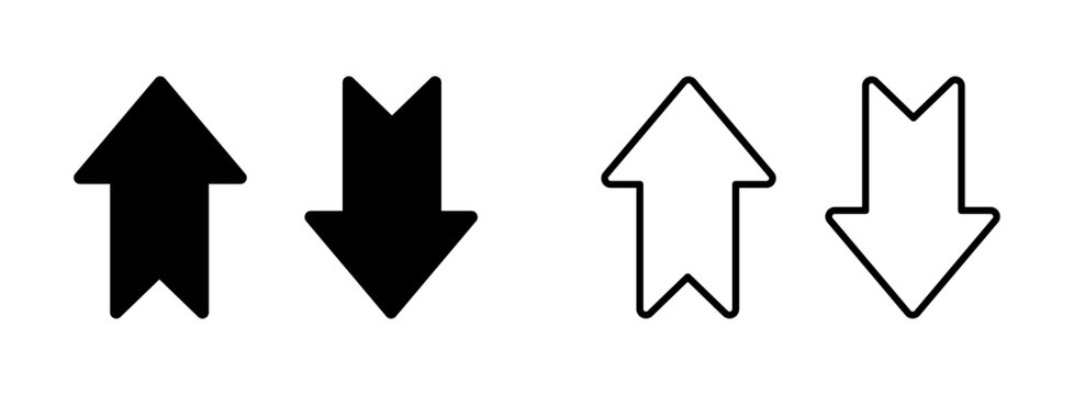 Up and down arrow icon set showing navigation and direction symbols, flat vector illustration with solid and outline styles for user interface, buttons, controls, sorting and movement concept, isolate