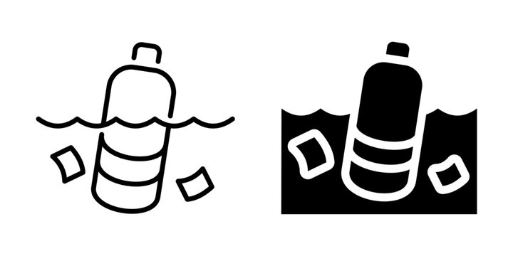 Plastic pollution icon with bottle in water. Silhouette and line style.