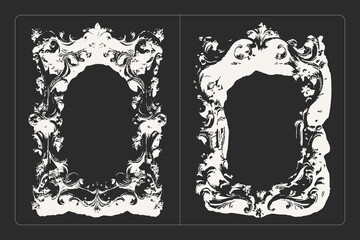 Vector black and white grunge frame in Rococo style texture illustration, perfect for posters, banners, and retro design.