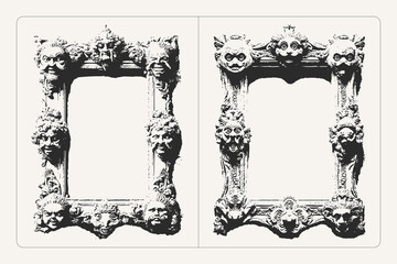 Grunge frame with antique masks vector black and white texture, perfect for posters, banners, and retro design.
