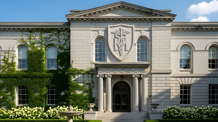 Historic building with architectural details and greenery