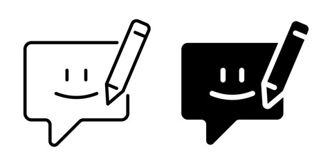 Smiley face icon with pencil symbolizing feedback and writing. Linear and silhouette style.