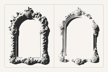 Grunge black and white frame with decorative arch vector texture, perfect for posters, banners, and retro design.