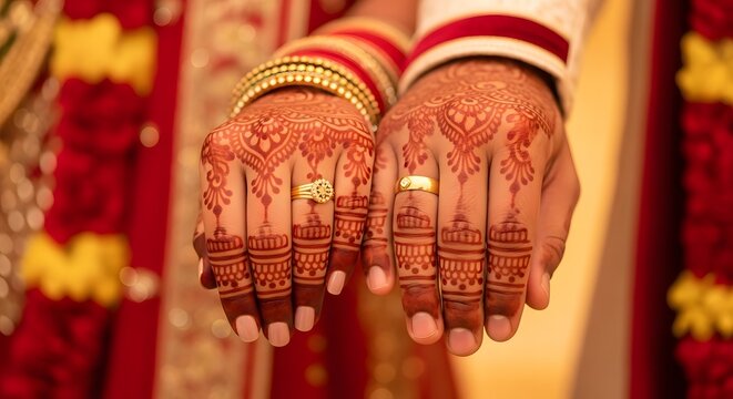 Close-up of Indian wedding couple's hands showing traditional he