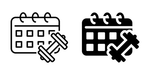 Workout schedule icon with calendar and dumbbell. Linear and silhouette style.