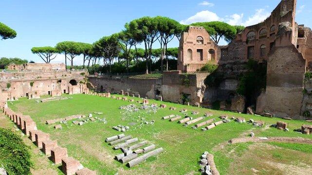 panoramic ancient roman archaeological complex grassy courtyard fallen stone columns towering brick walls umbrella pines frame stadio palatino reveals view rome italy empire emperor 