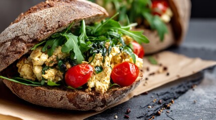 This vibrant breakfast sandwich combines fluffy scrambled eggs, juicy cherry tomatoes, and fresh arugula nestled in a hearty whole grain bread. It's perfect for a morning boost