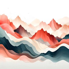 Abstract mountain landscape in watercolor style with layered peaks and wavy lines