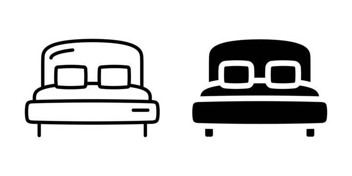 Double bed with pillows icon. Line and silhouette style.