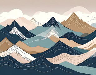 Abstract mountainscape features layered peaks in calming, muted colors, with elegant lines