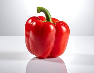A vibrant, glossy red bell pepper with a green stem sits on a reflective white surface. Studio shot with soft lighting