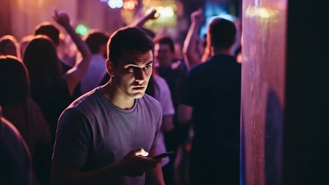 Socially Anxious Person Alone in Dark Corner of Crowded Party Scrolling Phone