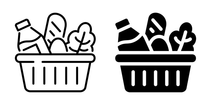 Grocery basket icon full. Line and silhouette style.